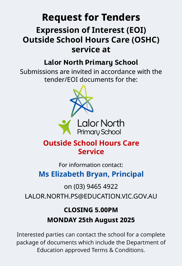 Request for tenders closing 5pm Monday 25th August