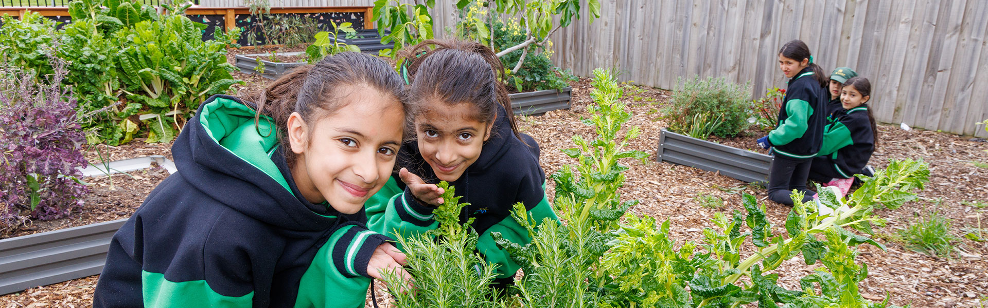 two young girls smelling herbs grown in the school garden